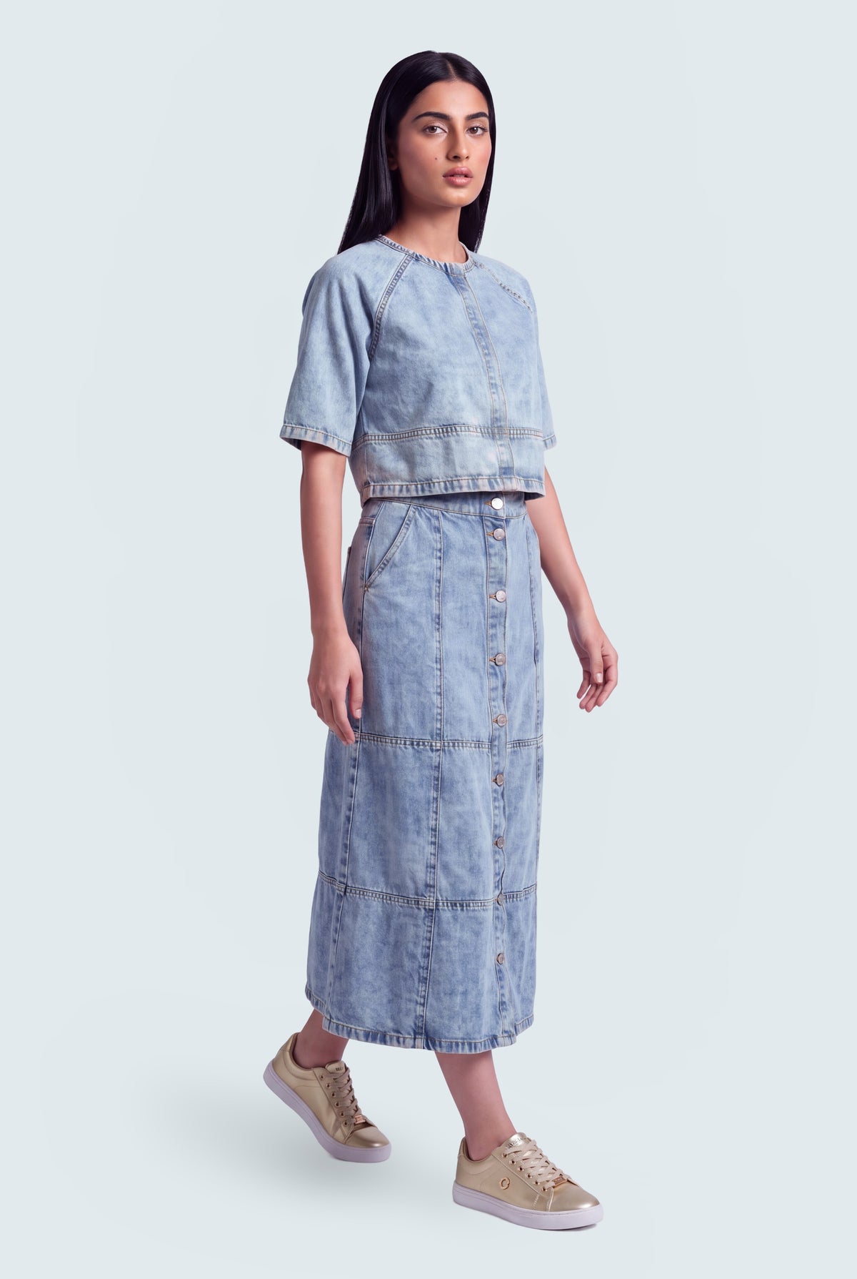 Light Blue Acid Washed Buttoned Maxi Skirt - Hustle N Holla