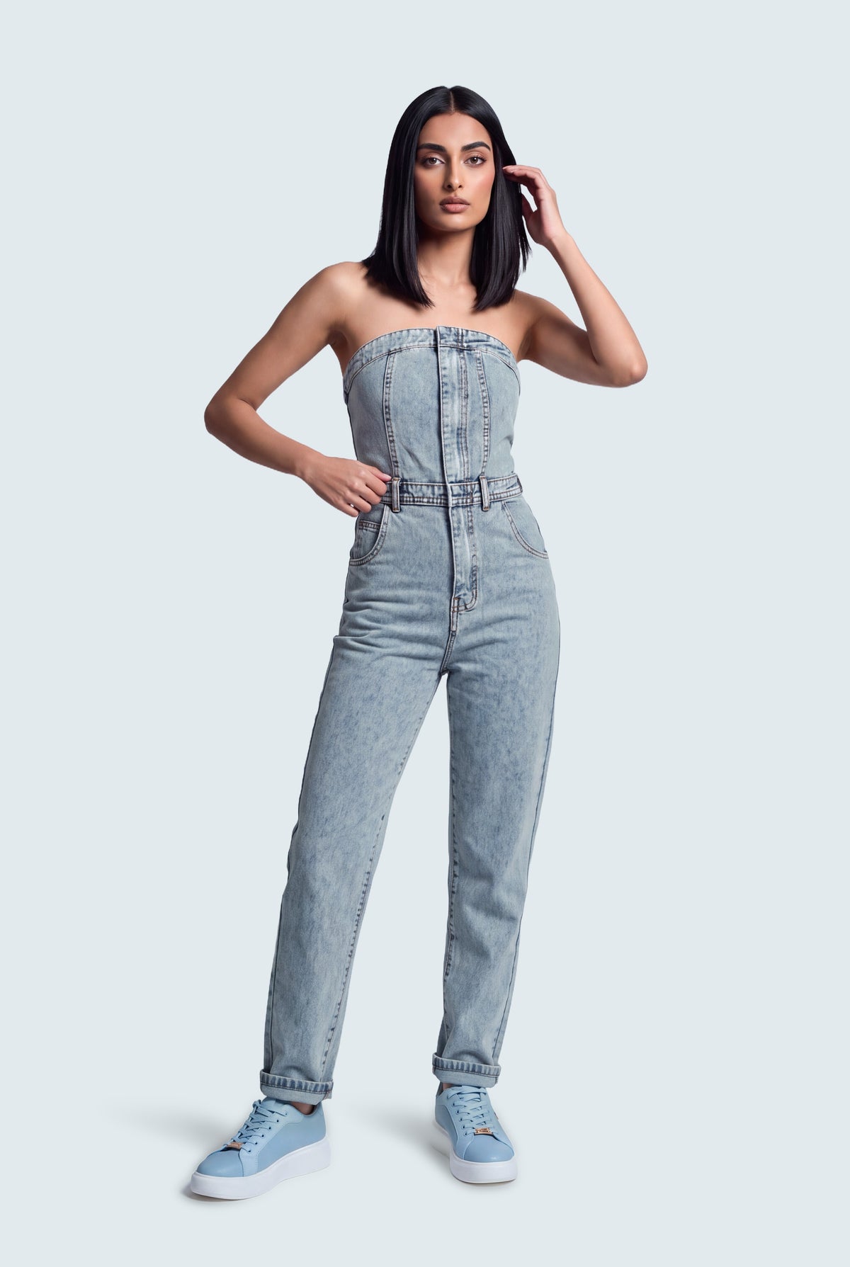 Light Washed Slim Fit Corset Jumpsuit - Hustle N Holla