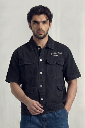 Black Relaxed Fit Utility Denim Shirt - Hustle N Holla