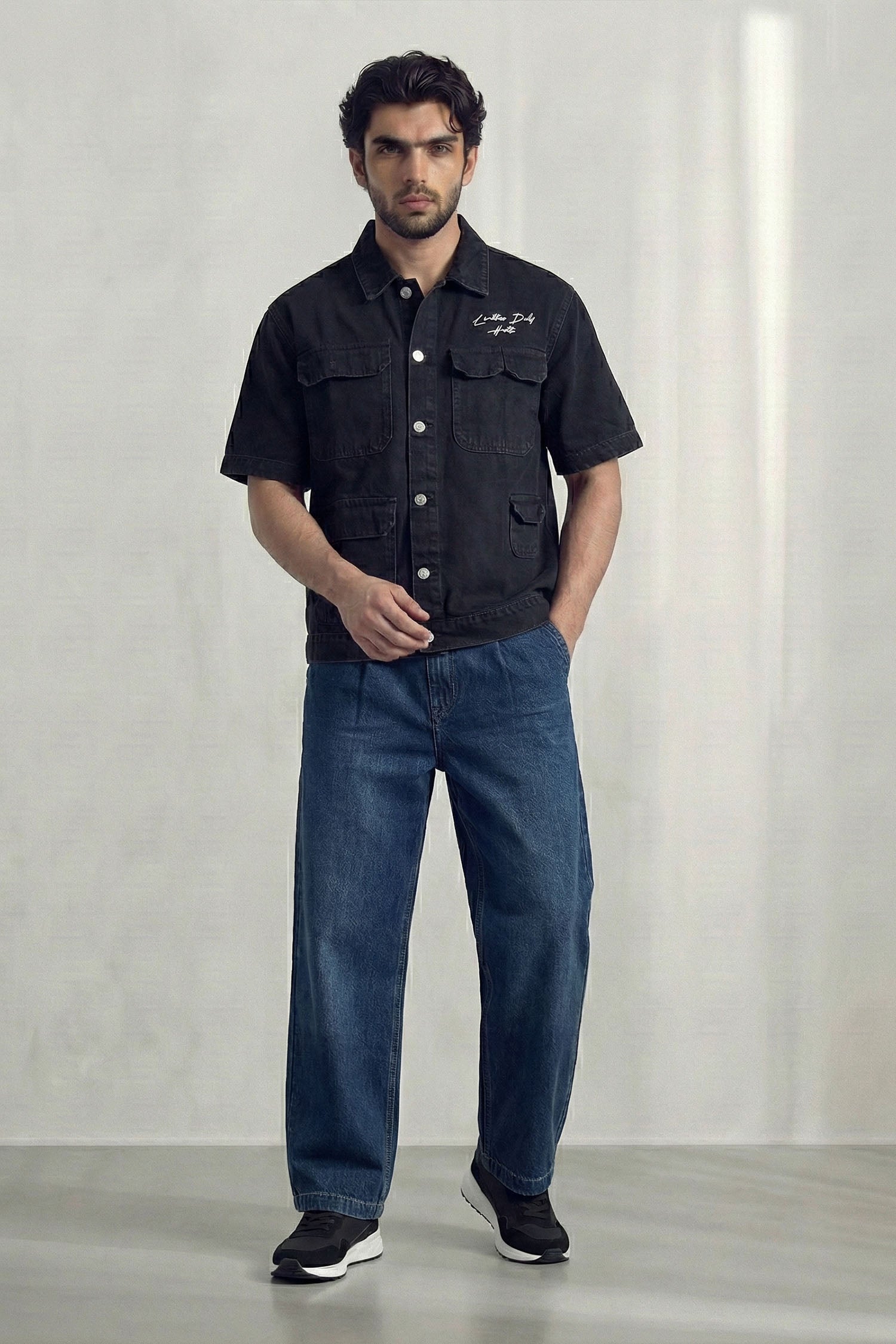 Dark Blue Pleated Wide Leg Denim Jeans - Hustle N Holla