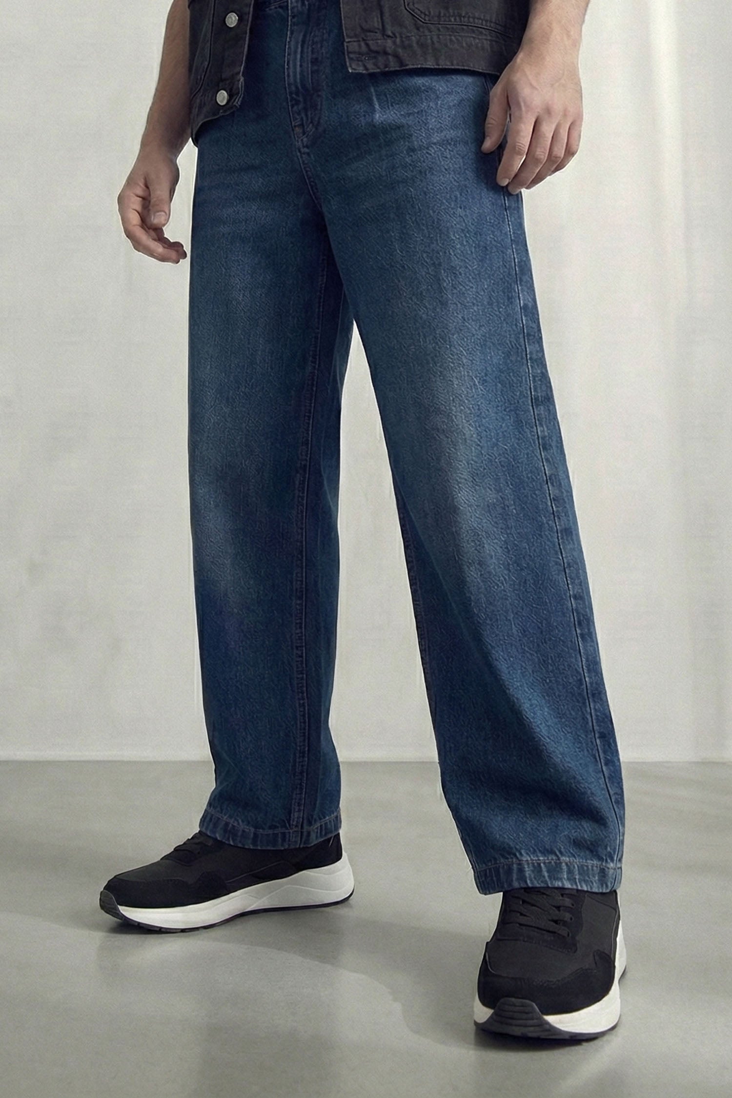 Dark Blue Pleated Wide Leg Denim Jeans - Hustle N Holla