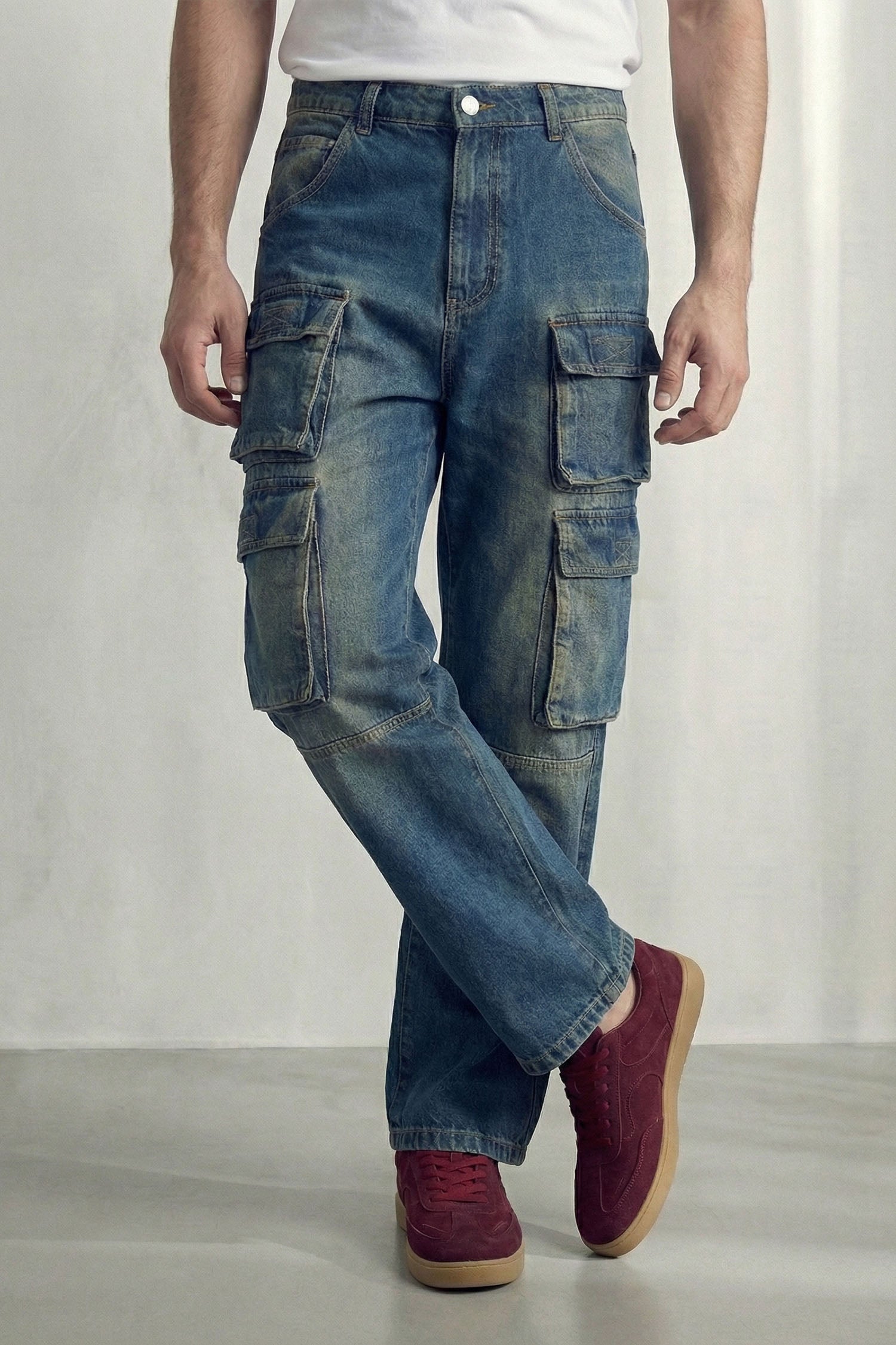 Blue Vintage Washed Utility Cargo Denim Jeans - Hustle N Holla