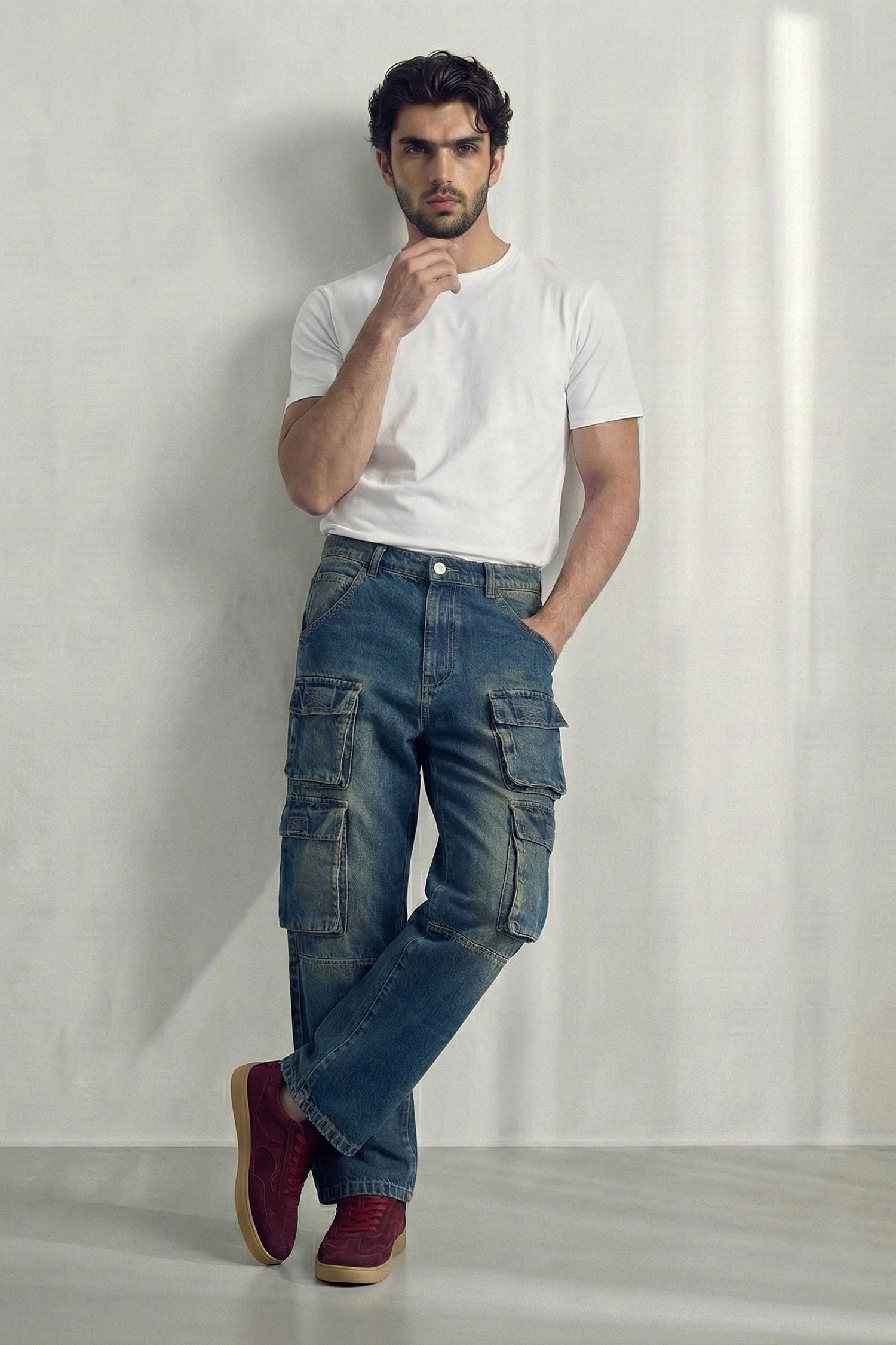 Blue Vintage Washed Utility Cargo Denim Jeans - Hustle N Holla