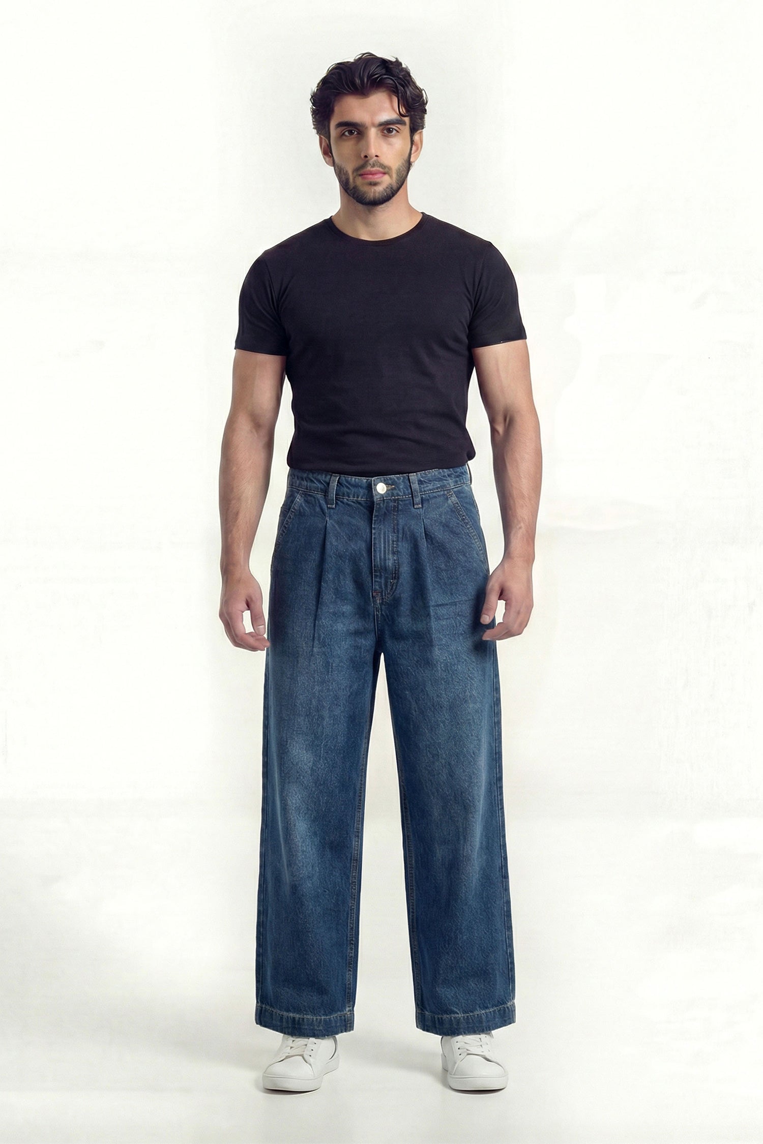 Blue Pleated Wide Leg Denim Jeans - Hustle N Holla