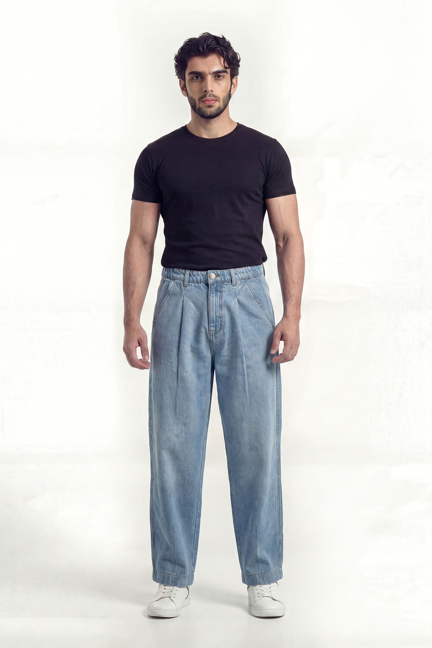 Light Blue Pleated Loose Fit Denim Jeans - Hustle N Holla