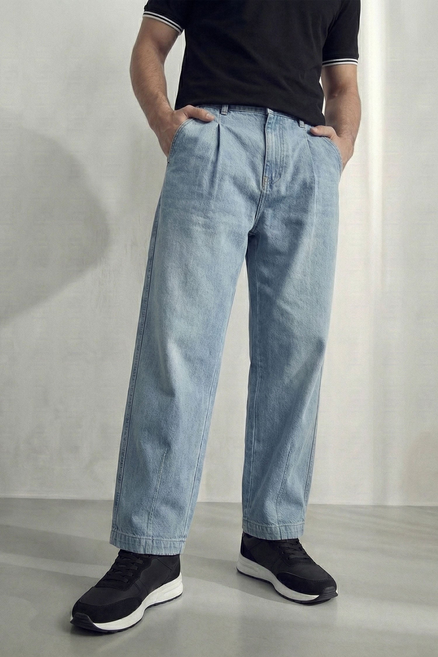 Light Blue Pleated Tapered Fit Denim Jeans - Hustle N Holla