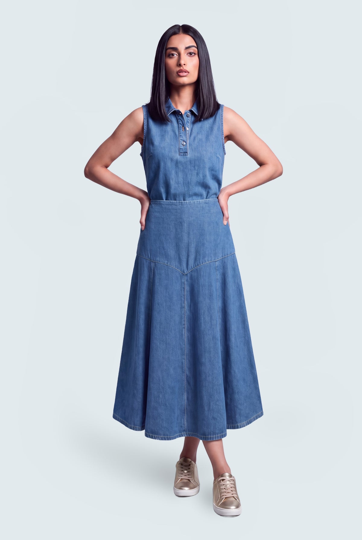 Mid Blue Panelled Maxi Denim Skirt - Hustle N Holla