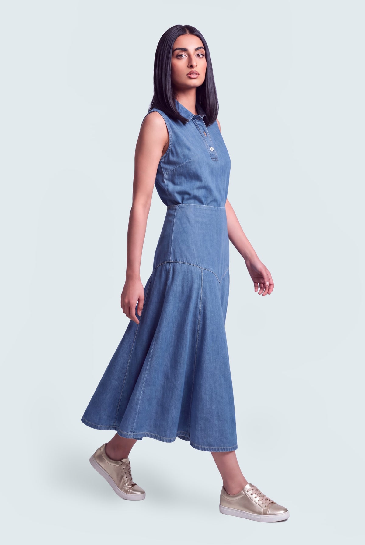 Mid Blue Panelled Maxi Denim Skirt - Hustle N Holla