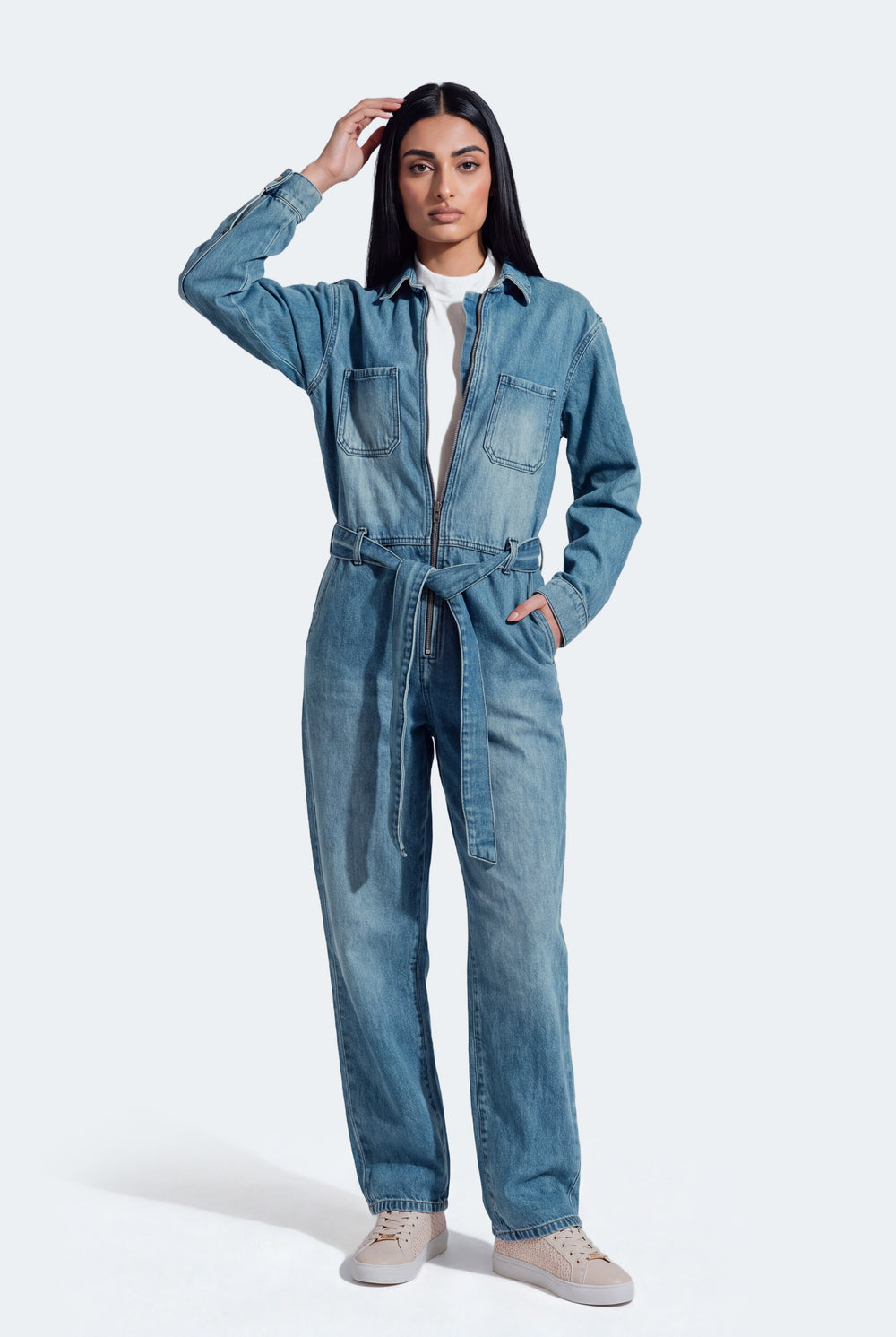 Mid Wash Belted Denim Jumpsuit - Hustle N Holla