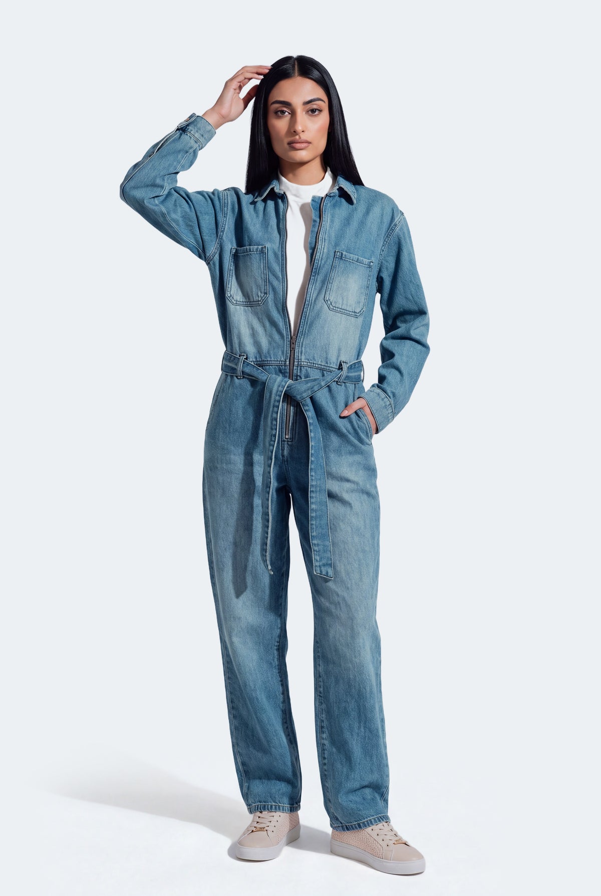 Mid Wash Belted Denim Jumpsuit - Hustle N Holla
