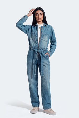 Mid Wash Belted Denim Jumpsuit - Hustle N Holla