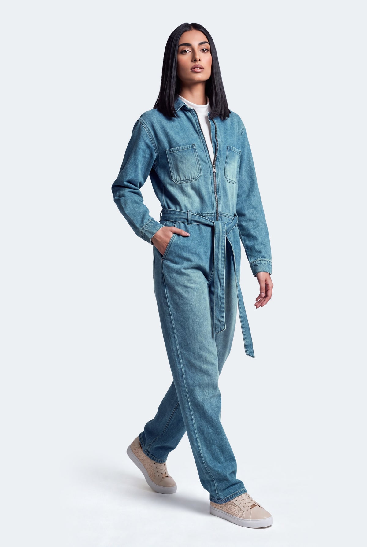 Mid Wash Belted Denim Jumpsuit - Hustle N Holla