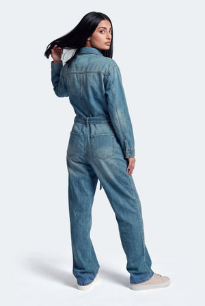 Mid Wash Belted Denim Jumpsuit - Hustle N Holla