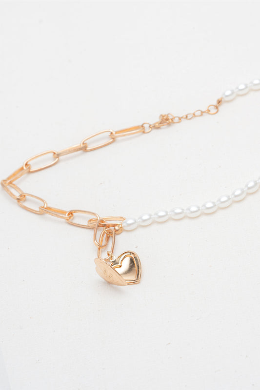 Pearl n Chain with hanging heart Necklace