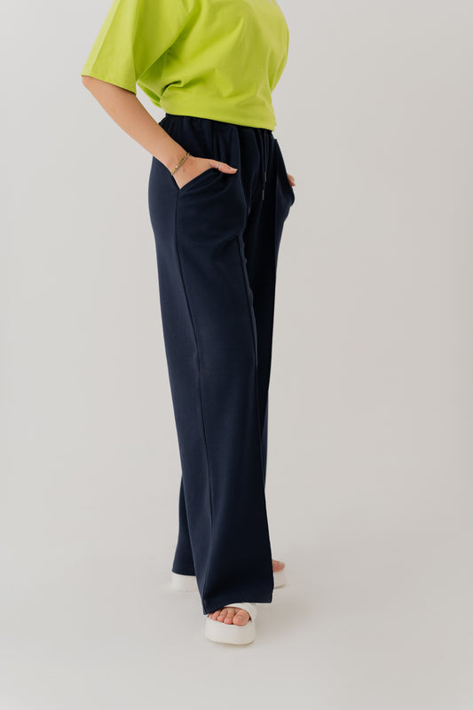 NAVY BLUE KNITTED WIDE LEG PANTS - Hustle N Holla