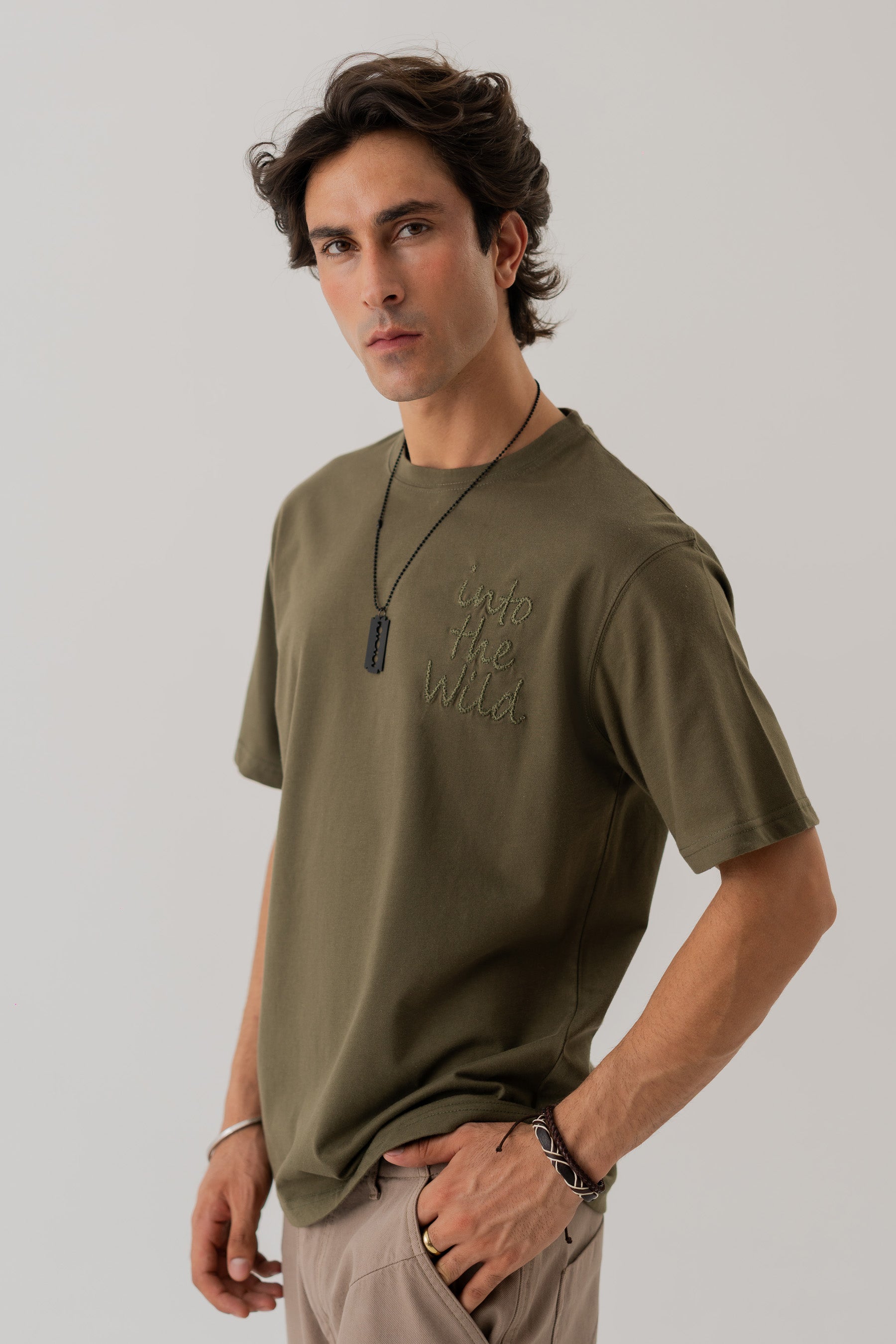 Olive Green Regular Fit Embroidered Statement T-shirt