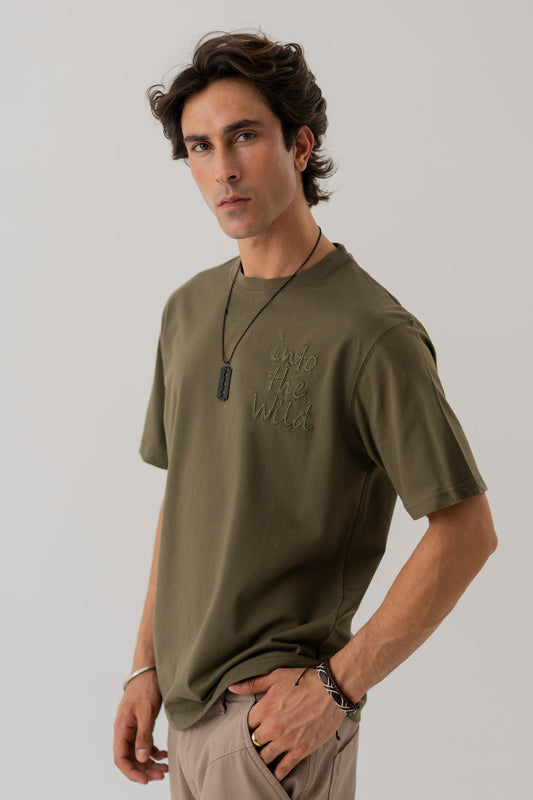 Olive Green Regular Fit Embroidered Statement T-shirt - Hustle N Holla
