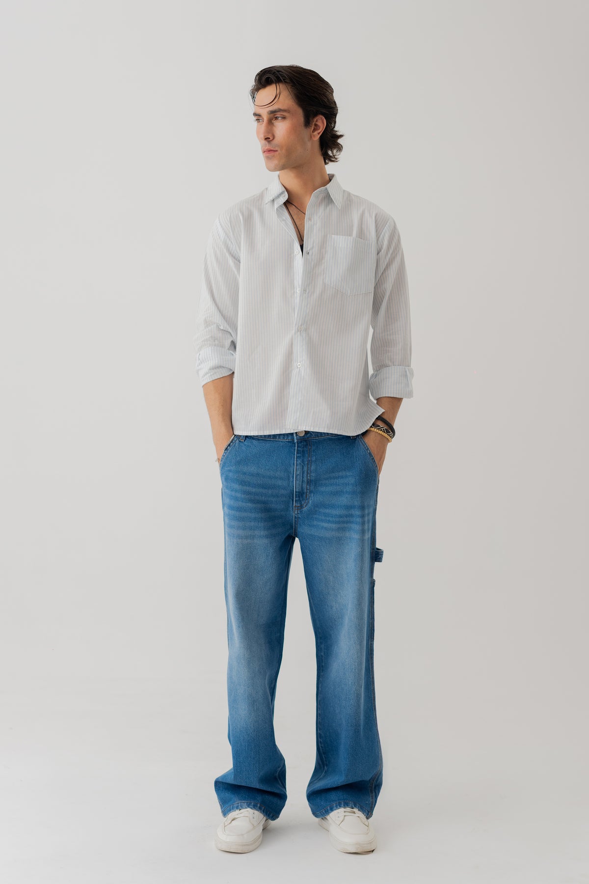 White & Blue Striped Cotton Relaxed Fit Shirt