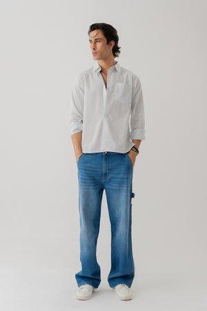White & Blue Striped Minor Fault Cotton Relaxed Fit Shirt - Hustle N Holla