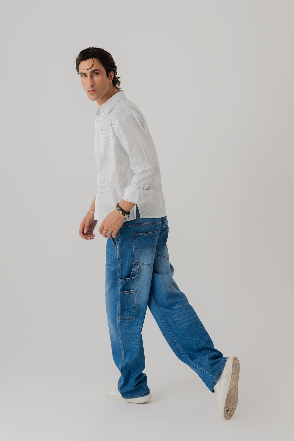 White & Blue Striped Cotton Relaxed Fit Shirt