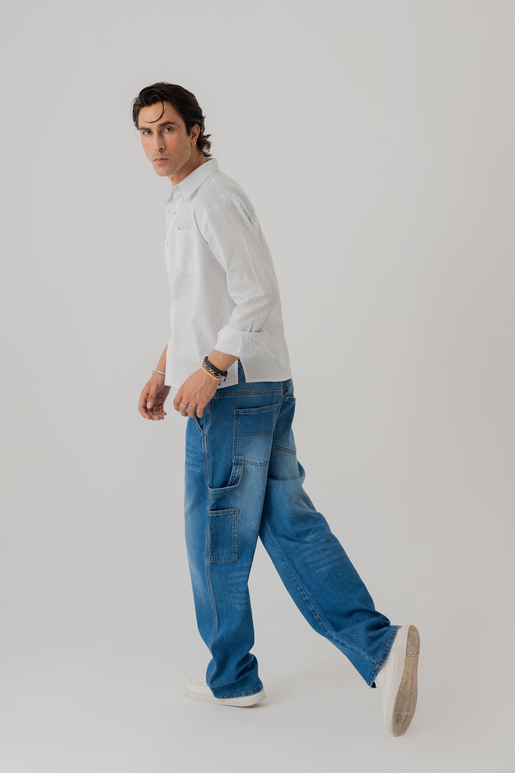 White & Blue Striped Minor Fault Cotton Relaxed Fit Shirt - Hustle N Holla