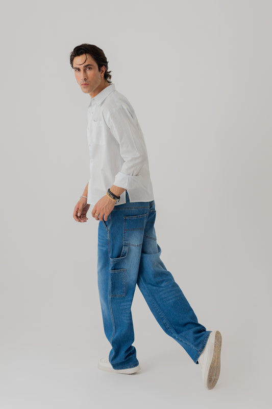 White & Blue Striped Cotton Relaxed Fit Shirt - Hustle N Holla