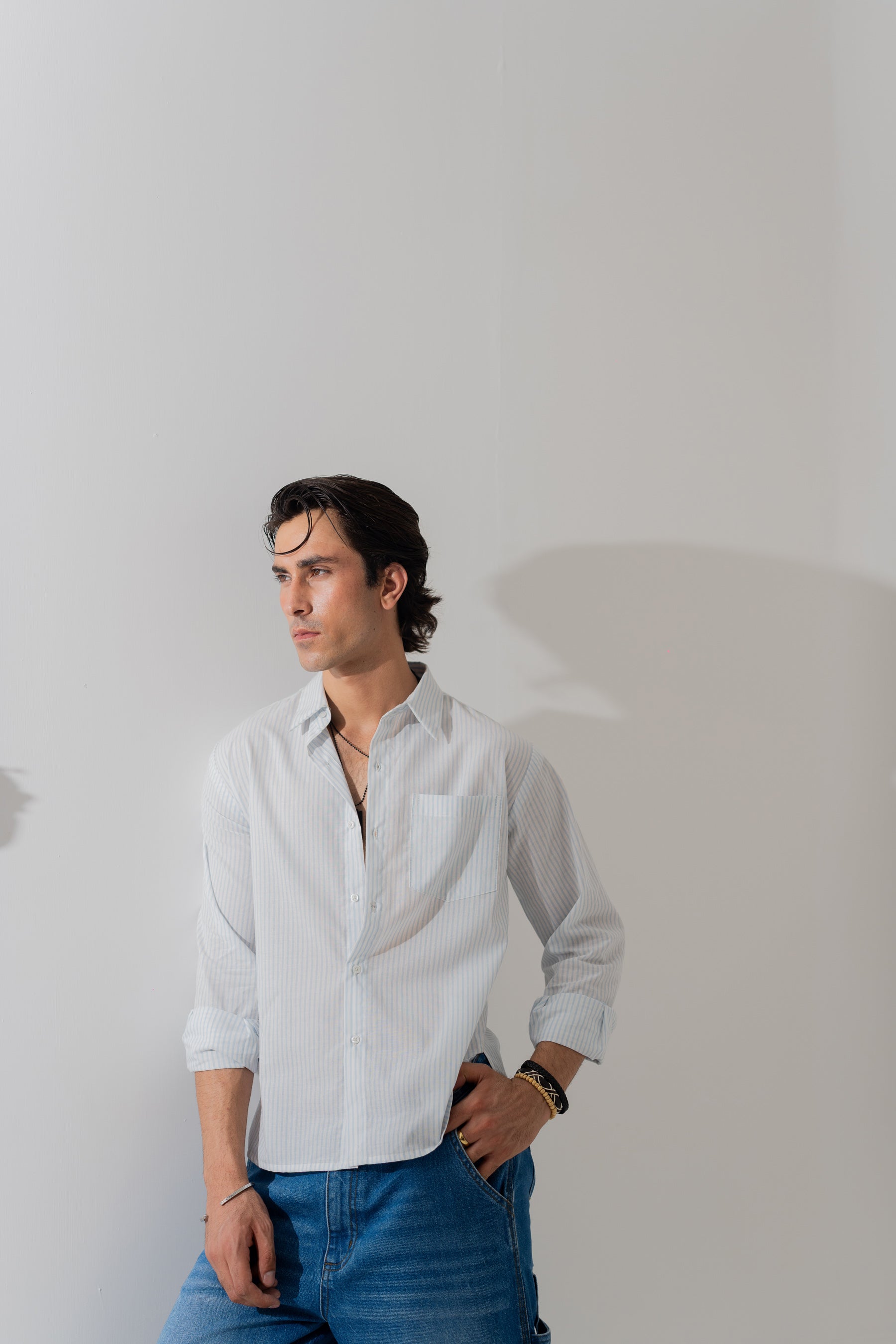 White & Blue Striped Minor Fault Cotton Relaxed Fit Shirt - Hustle N Holla