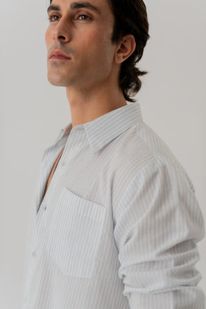 White & Blue Striped Minor Fault Cotton Relaxed Fit Shirt - Hustle N Holla