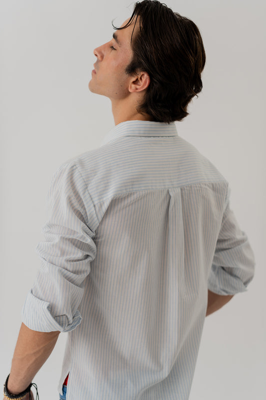 White & Blue Striped Cotton Relaxed Fit Shirt - Hustle N Holla