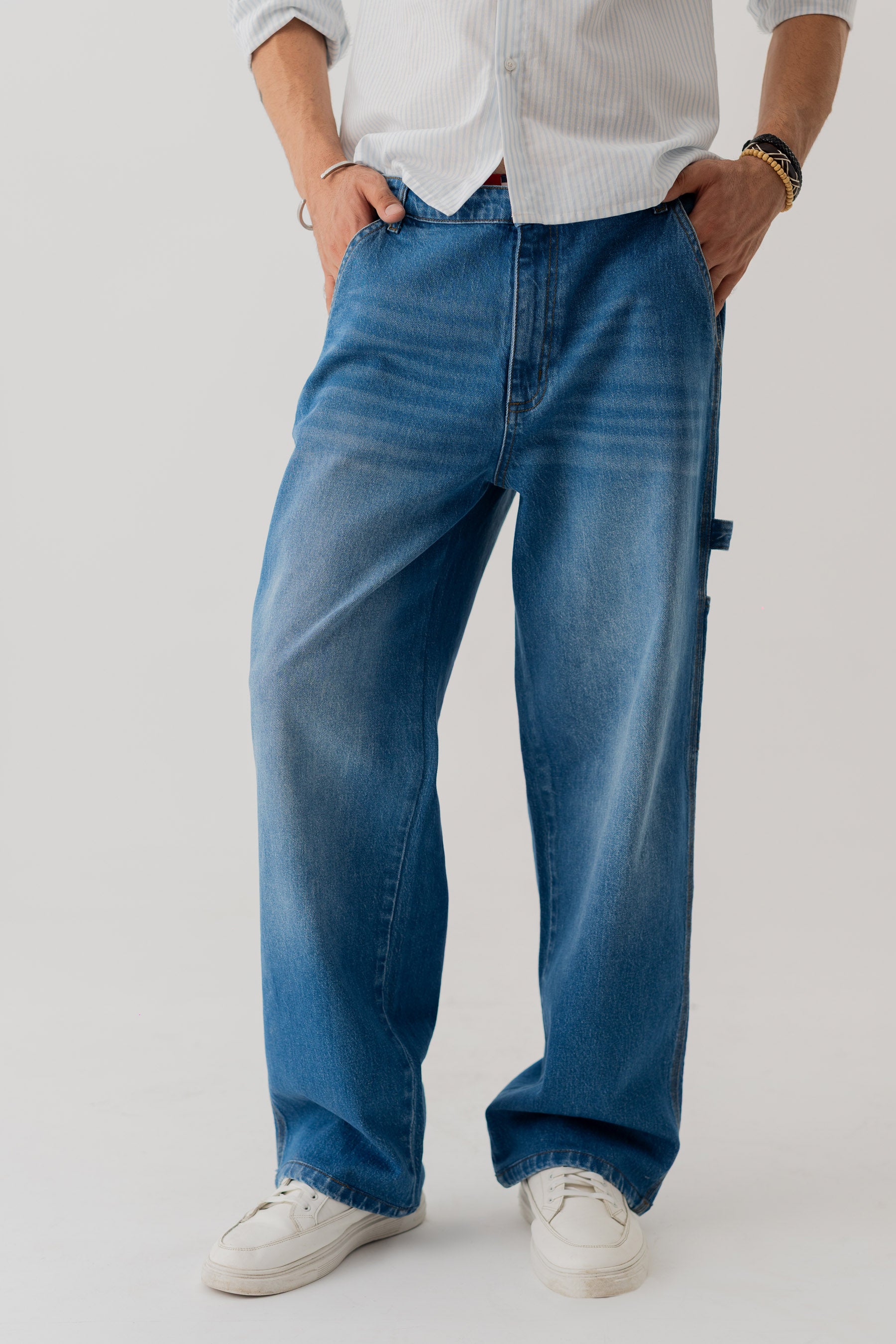 Mid Blue Wash Loose Fit Jeans - Hustle N Holla
