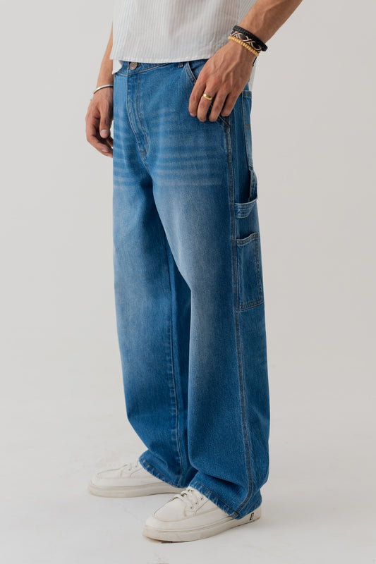 Mid Blue Wash Loose Fit Jeans - Hustle N Holla