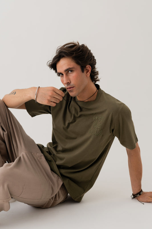 Olive Green Regular Fit Embroidered Statement T-shirt - Hustle N Holla