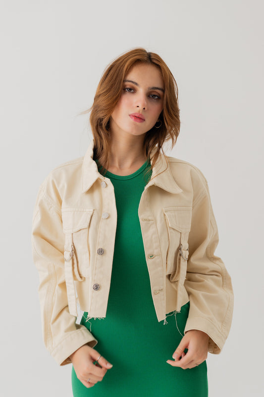 Beige Twill Cropped Jacket - Hustle N Holla