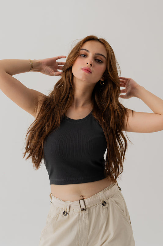 CHARCOAL GREY RIBBED TANK TOP - Hustle N Holla