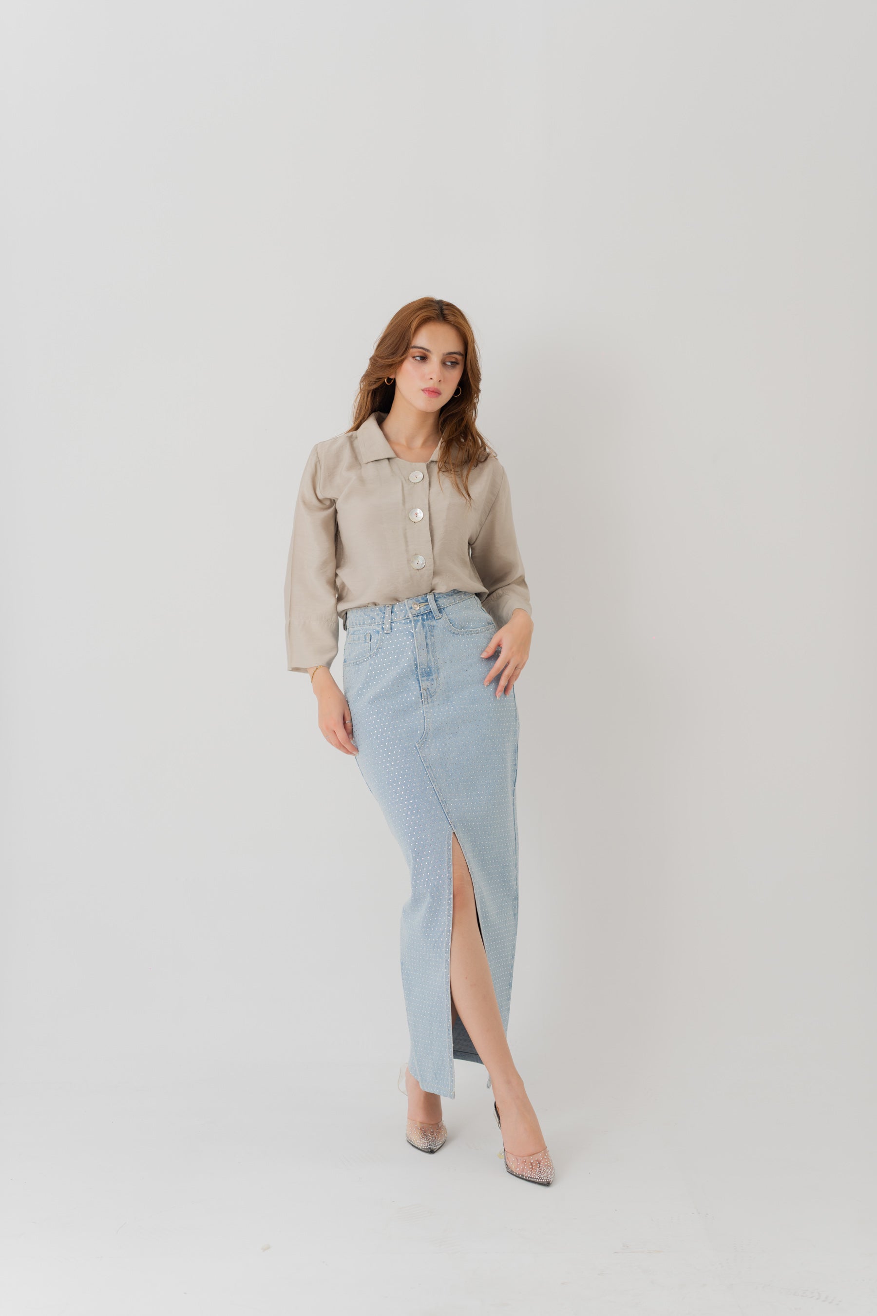 Light Wash Embellished Denim Maxi Skirt with Front Slit - Hustle N Holla