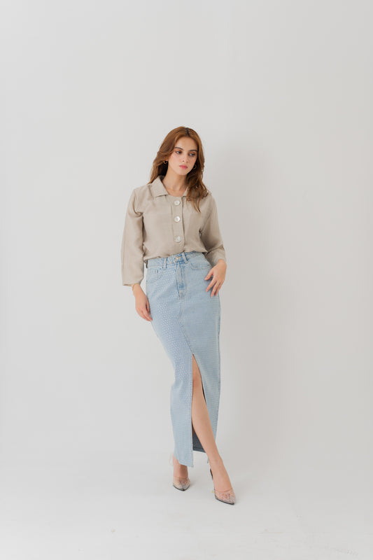 Light Wash Embellished Denim Maxi Skirt with Front Slit - Hustle N Holla