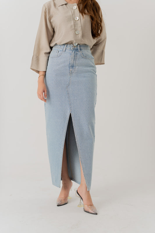 Light Wash Embellished Denim Maxi Skirt with Front Slit - Hustle N Holla