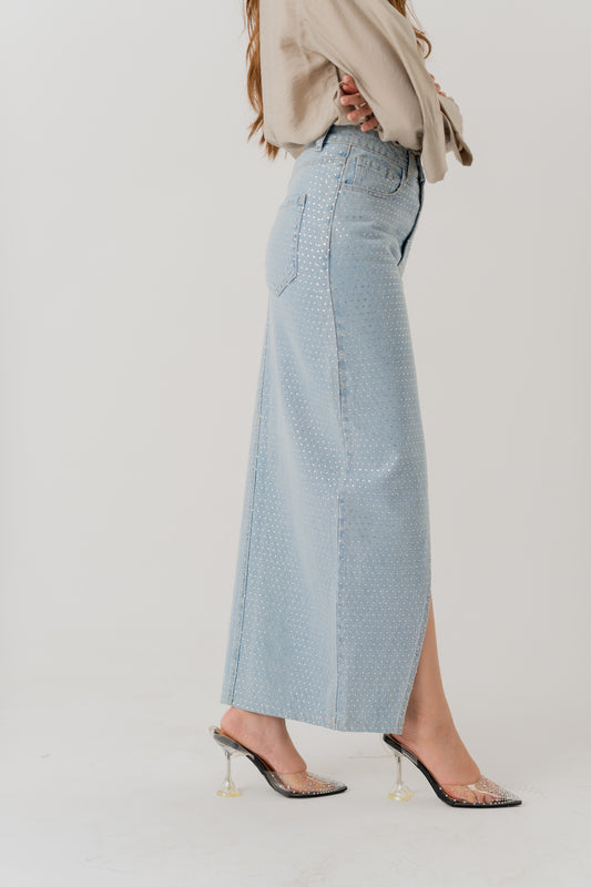 Light Wash Embellished Denim Maxi Skirt with Front Slit - Hustle N Holla