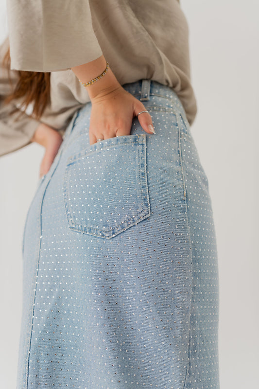 Light Wash Embellished Denim Maxi Skirt with Front Slit - Hustle N Holla