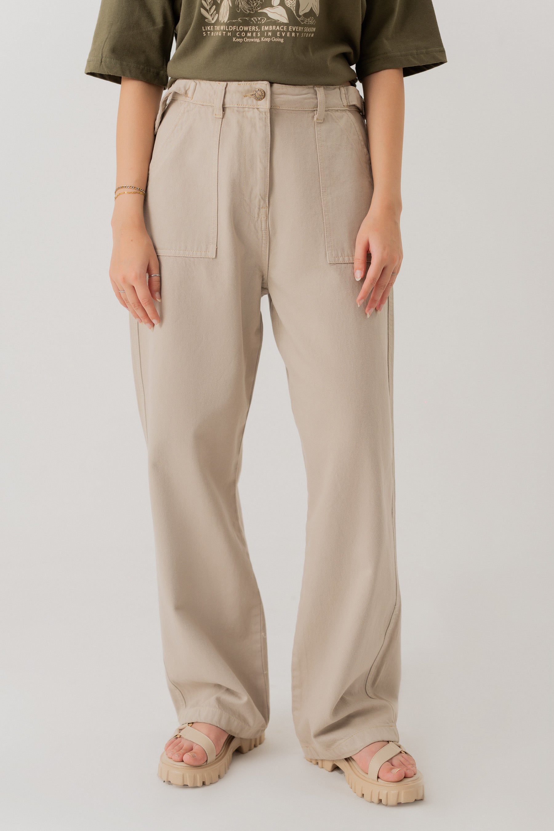 TAUPE WIDE LEG TWILL PANTS