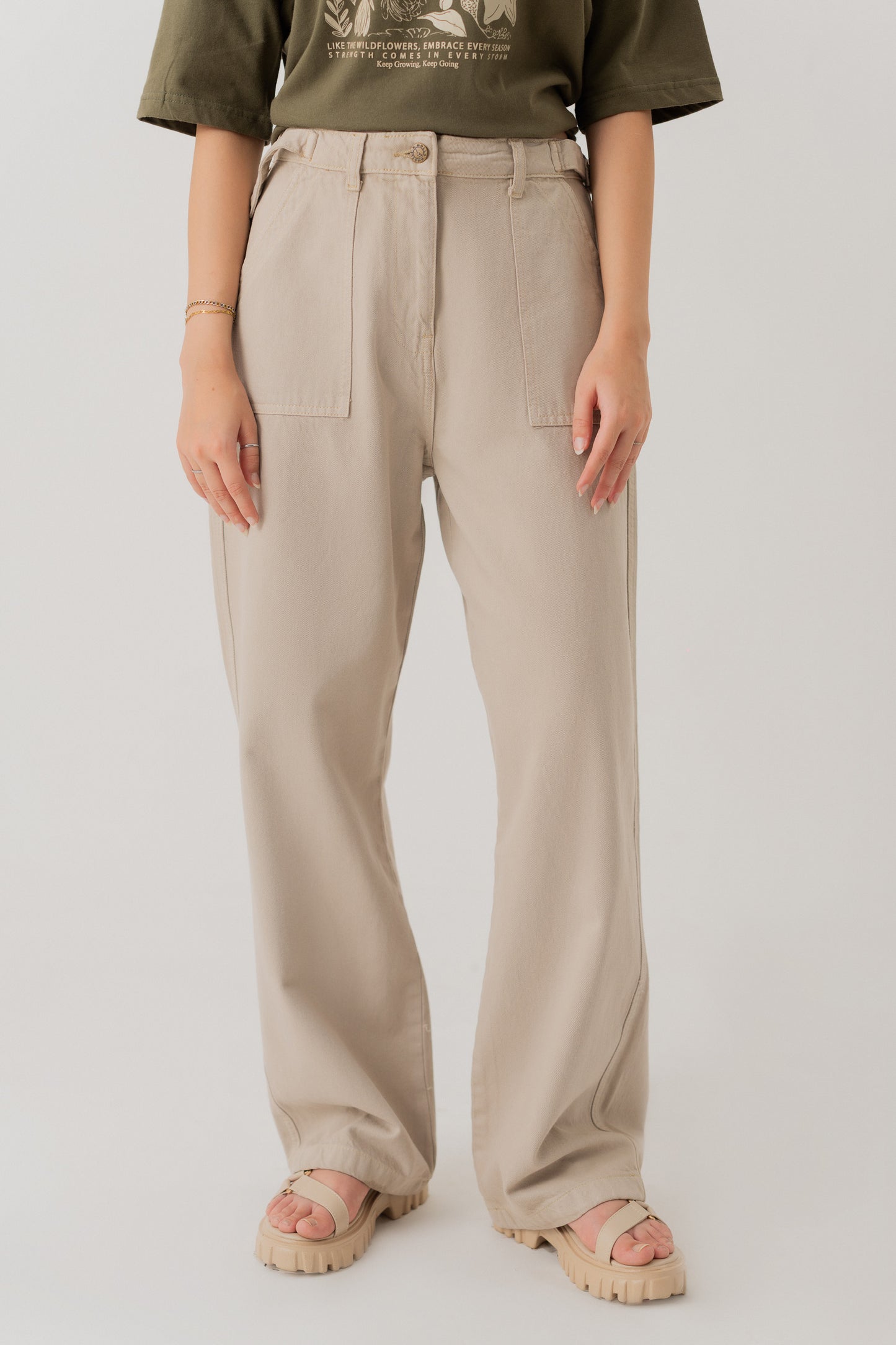 TAUPE WIDE LEG TWILL PANTS - Hustle N Holla