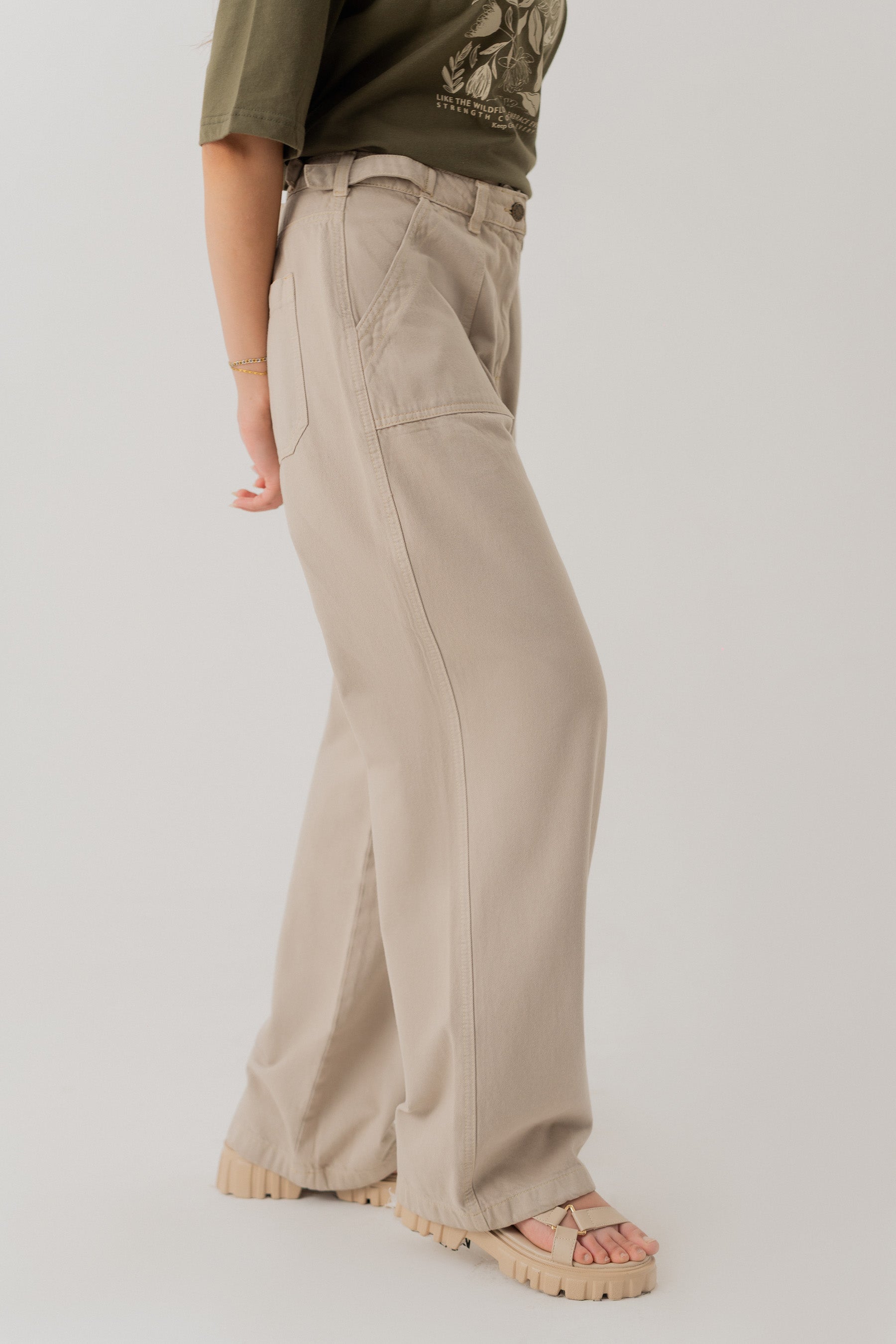 TAUPE WIDE LEG TWILL PANTS - Hustle N Holla