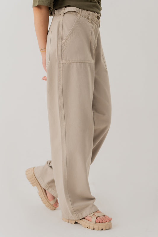 TAUPE WIDE LEG TWILL PANTS - Hustle N Holla