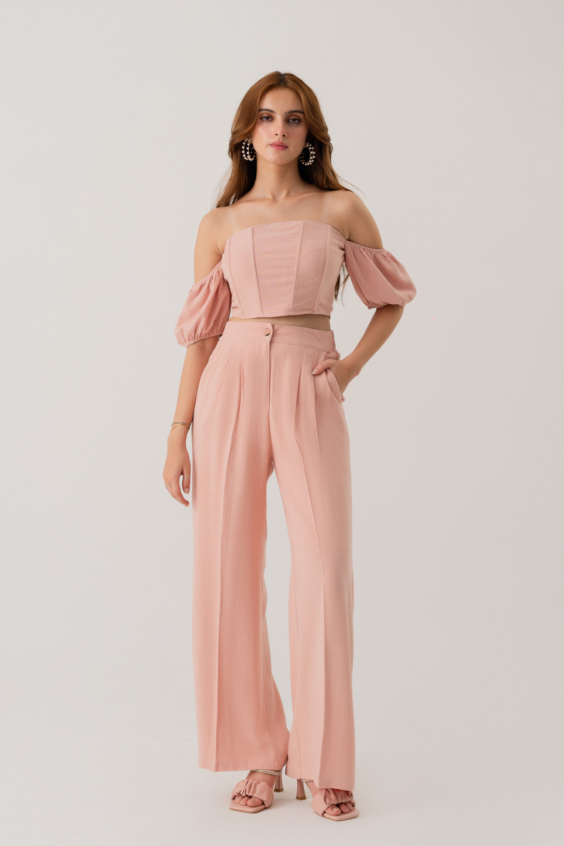 PEACH LINEN WIDE LEG DARTED TROUSERS - Hustle N Holla
