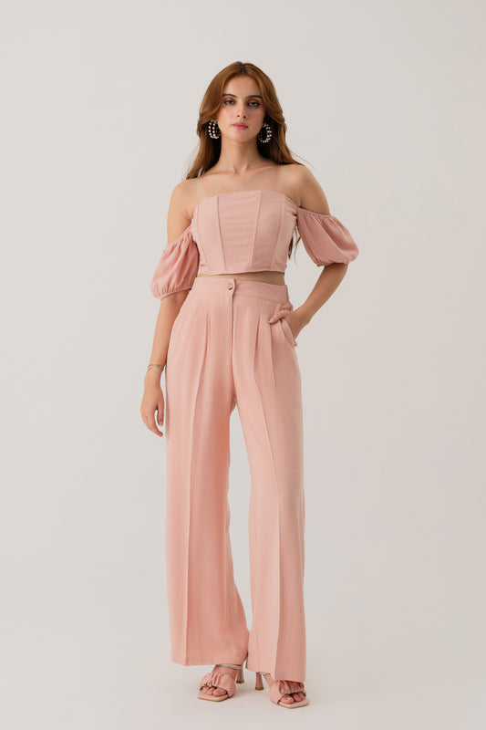 PEACH LINEN WIDE LEG DARTED TROUSERS - Hustle N Holla