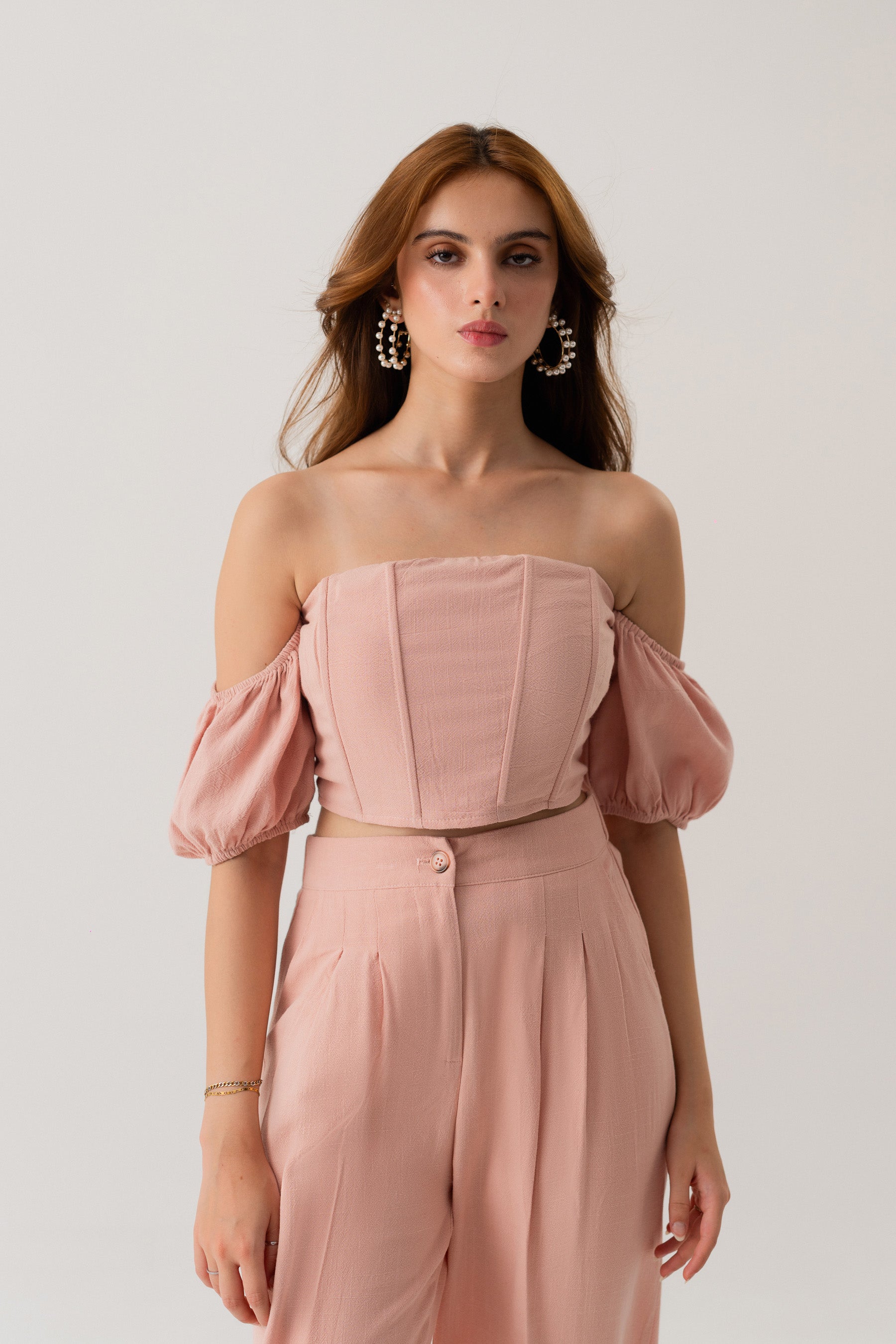 Peach Linen Off Shoulder Cropped Corset Top - Hustle N Holla