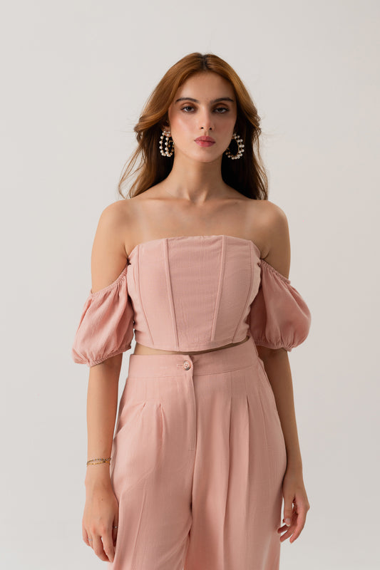 PEACH LINEN OFF SHOULDER CROPPED CORSET TOP - Hustle N Holla