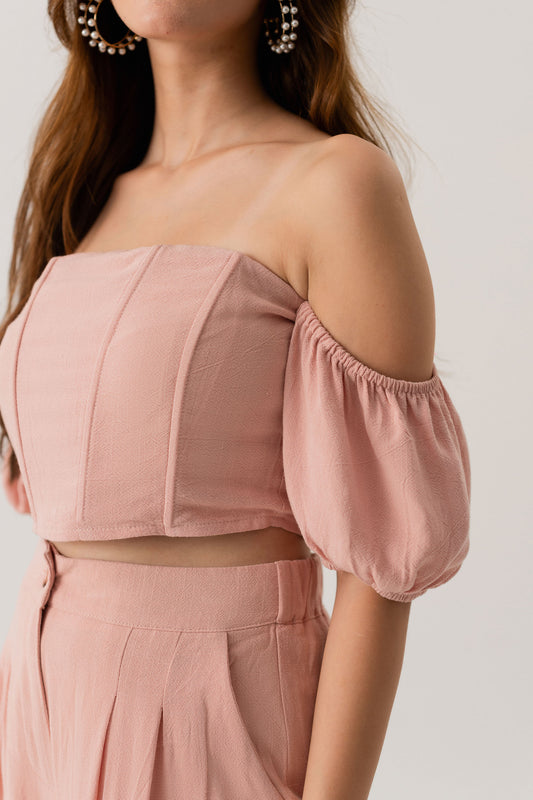 PEACH LINEN OFF SHOULDER CROPPED CORSET TOP - Hustle N Holla