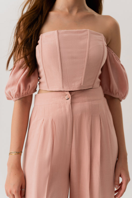 PEACH LINEN OFF SHOULDER CROPPED CORSET TOP - Hustle N Holla