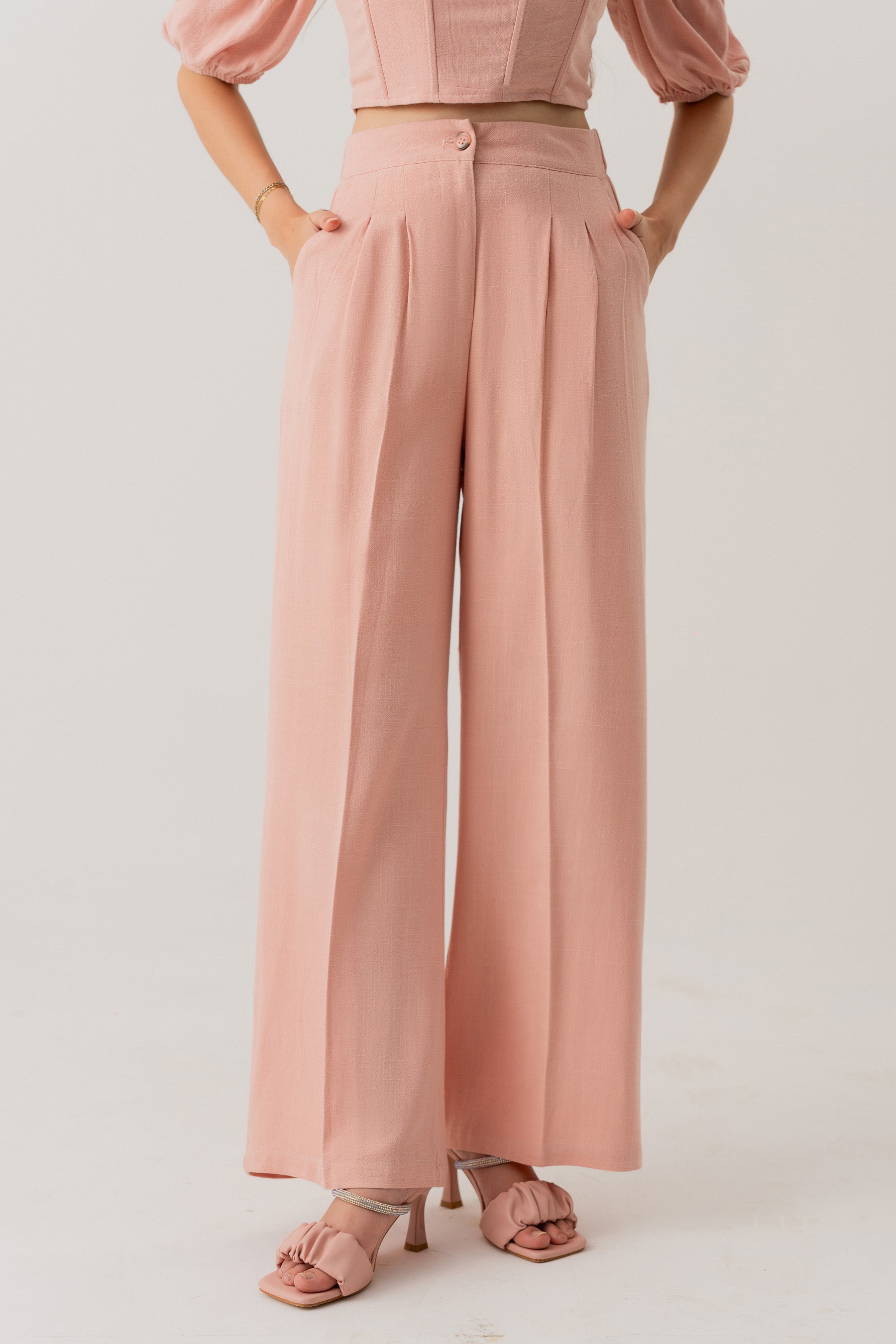 PEACH LINEN WIDE LEG DARTED TROUSERS